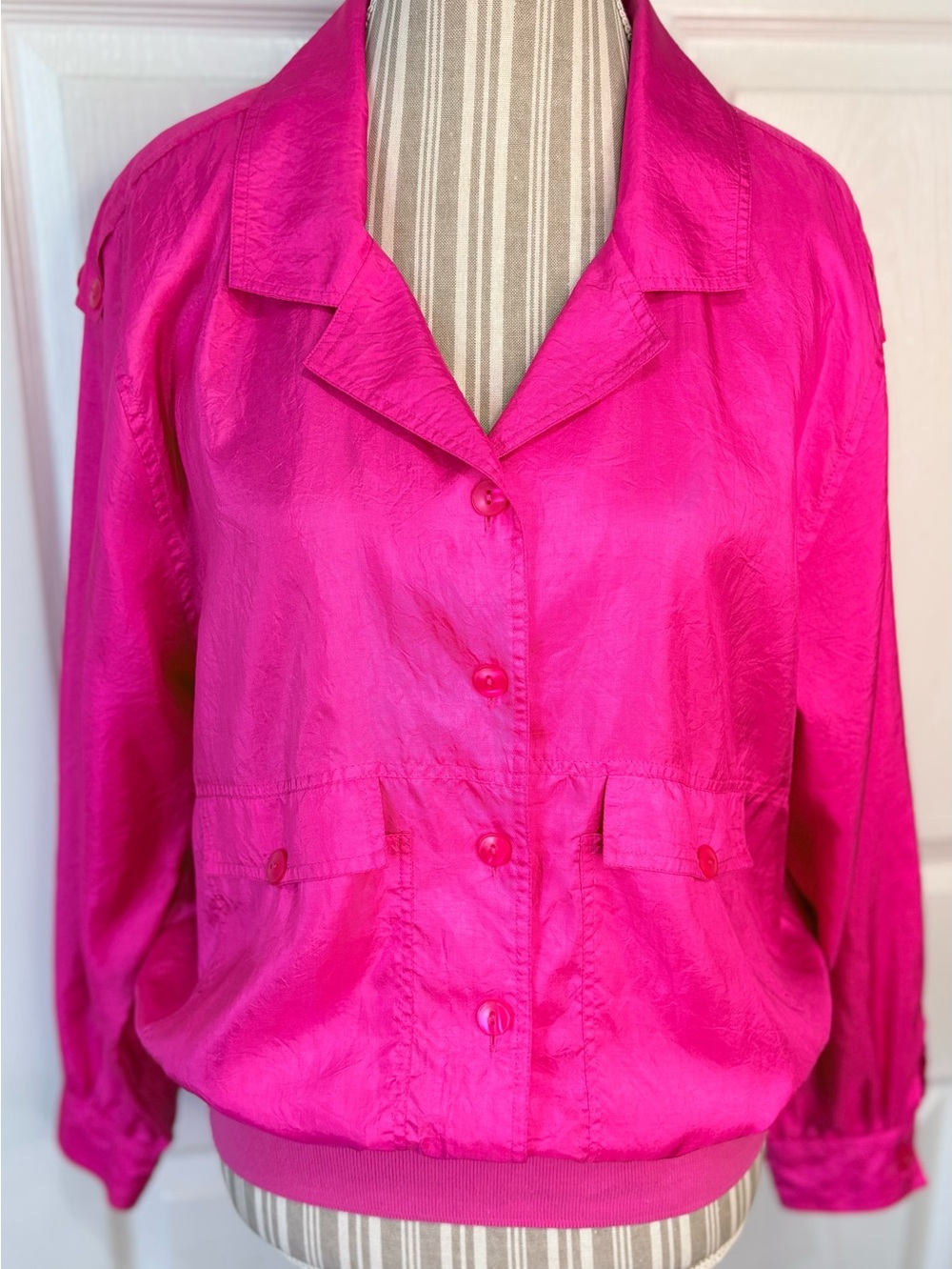 Vintage 90s Leslie Fay Hot Pink Windbreaker Jacket Barbiecore Streetwear~Large